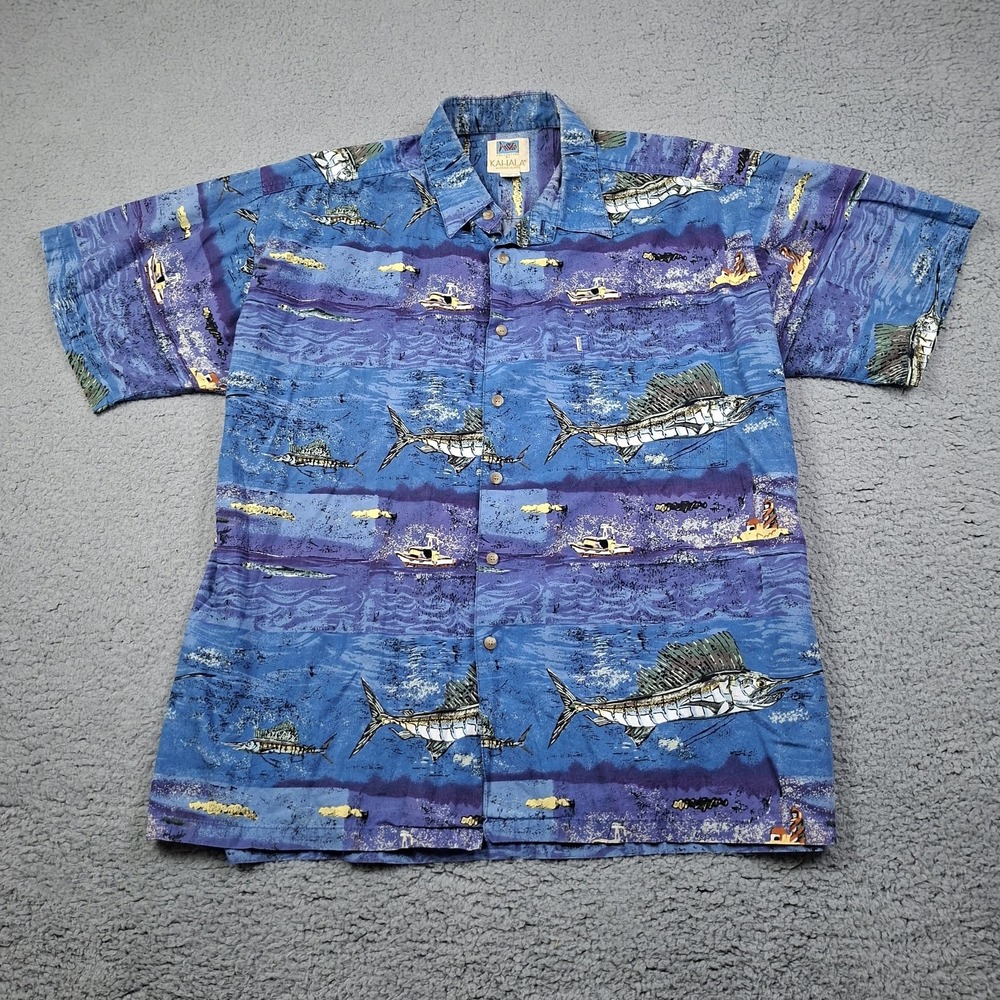 Vintage Kahala Hawaii Cotton Button Down Shirt Lighthouse Marlin Keys Men sz XL
